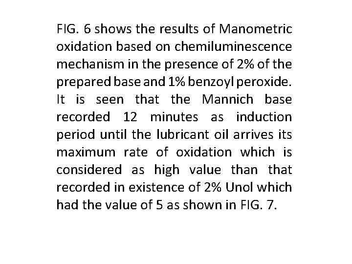 FIG. 6 shows the results of Manometric oxidation based on chemiluminescence mechanism in the