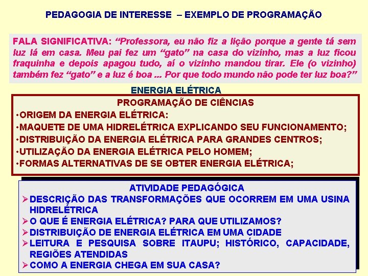 PEDAGOGIA DE INTERESSE – EXEMPLO DE PROGRAMAÇÃO FALA SIGNIFICATIVA: “Professora, eu não fiz a