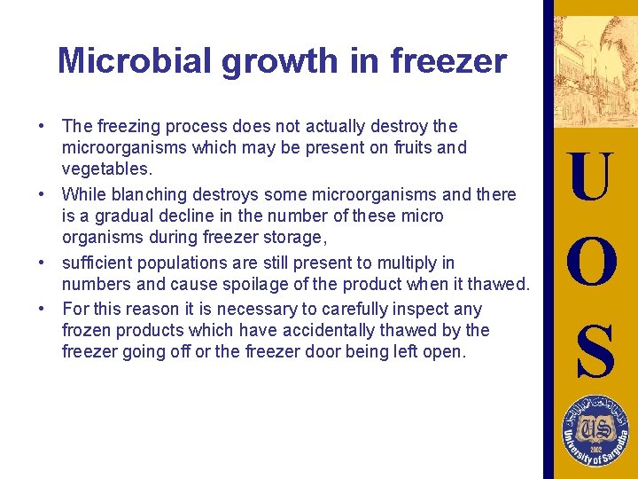 Microbial growth in freezer • The freezing process does not actually destroy the microorganisms