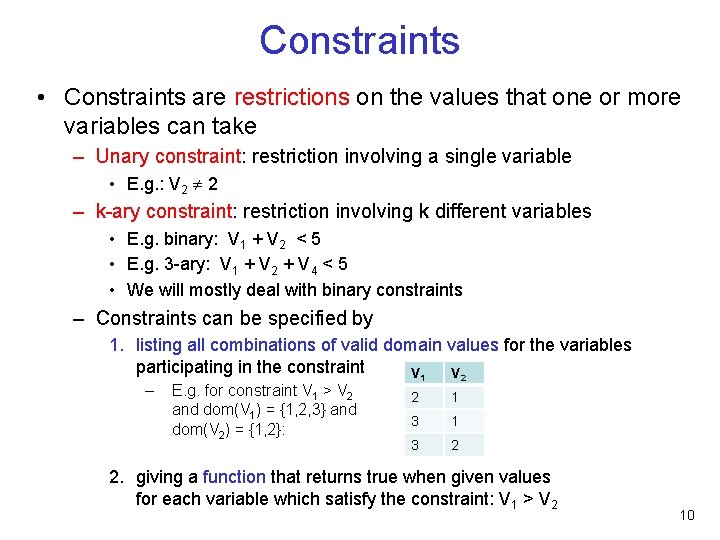 Constraints • Constraints are restrictions on the values that one or more variables can