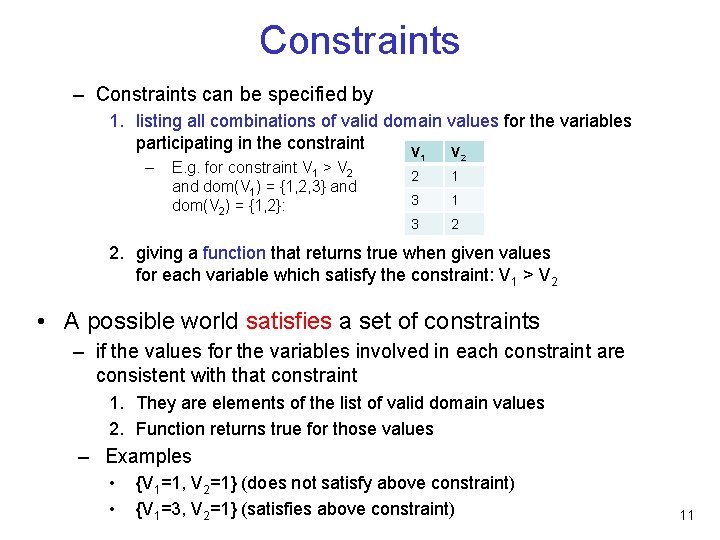 Constraints – Constraints can be specified by 1. listing all combinations of valid domain