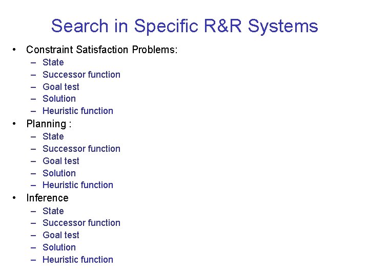 Search in Specific R&R Systems • Constraint Satisfaction Problems: – – – State Successor