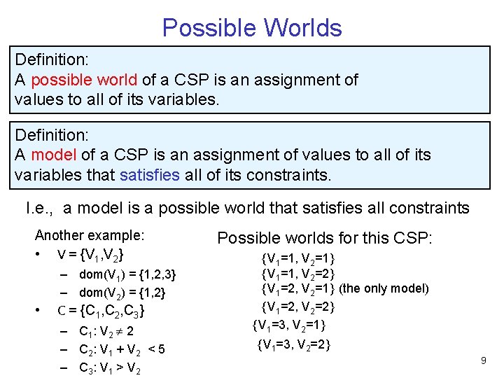 Possible Worlds Definition: A possible world of a CSP is an assignment of values