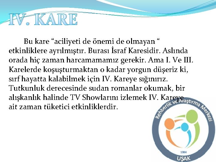 IV. KARE Bu kare “aciliyeti de önemi de olmayan “ etkinliklere ayrılmıştır. Burası İsraf