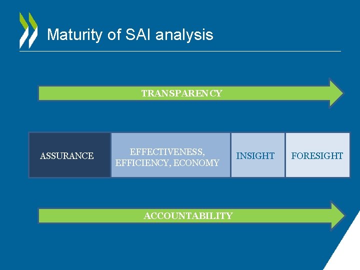 Maturity of SAI analysis TRANSPARENCY ASSURANCE EFFECTIVENESS, EFFICIENCY, ECONOMY ACCOUNTABILITY INSIGHT FORESIGHT 