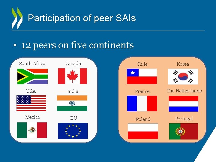 Participation of peer SAIs • 12 peers on five continents South Africa USA Mexico