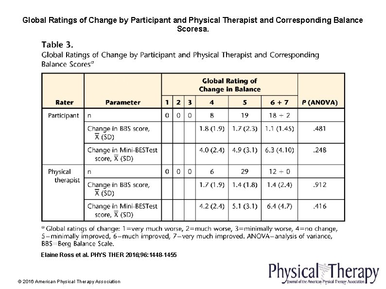 Global Ratings of Change by Participant and Physical Therapist and Corresponding Balance Scoresa. Elaine