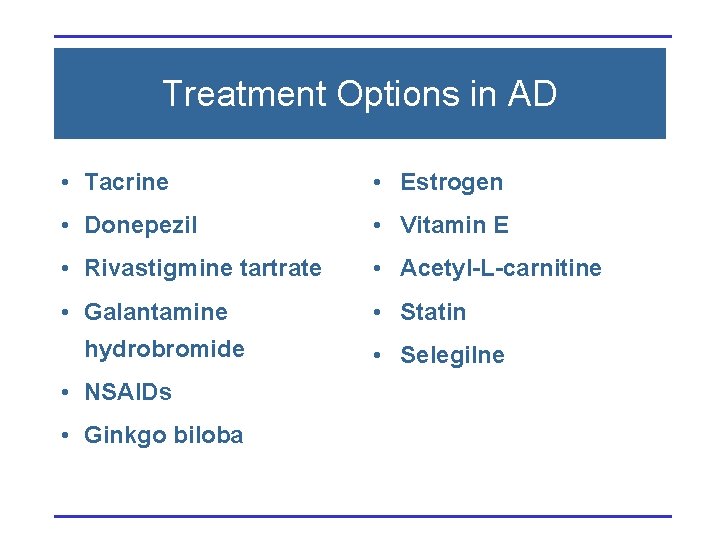 Treatment Options in AD • Tacrine • Estrogen • Donepezil • Vitamin E •