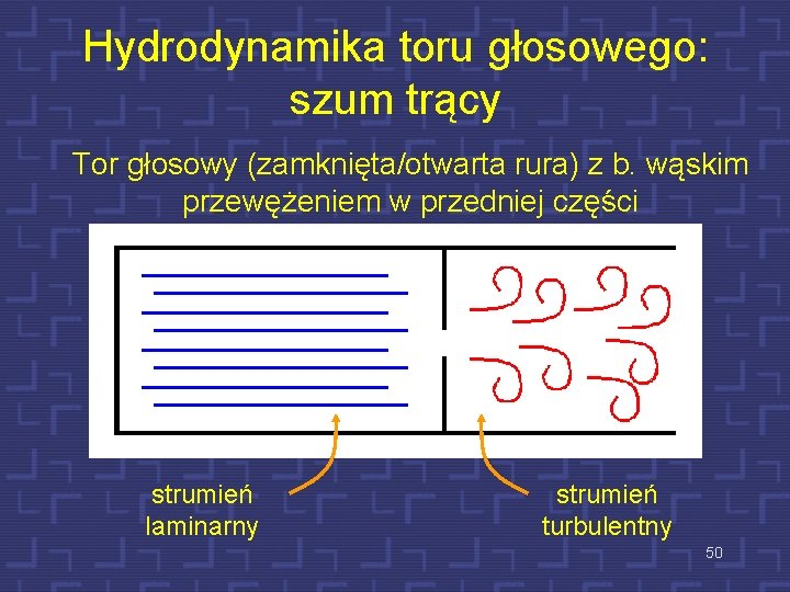 Hydrodynamika toru głosowego: szum trący Tor głosowy (zamknięta/otwarta rura) z b. wąskim przewężeniem w