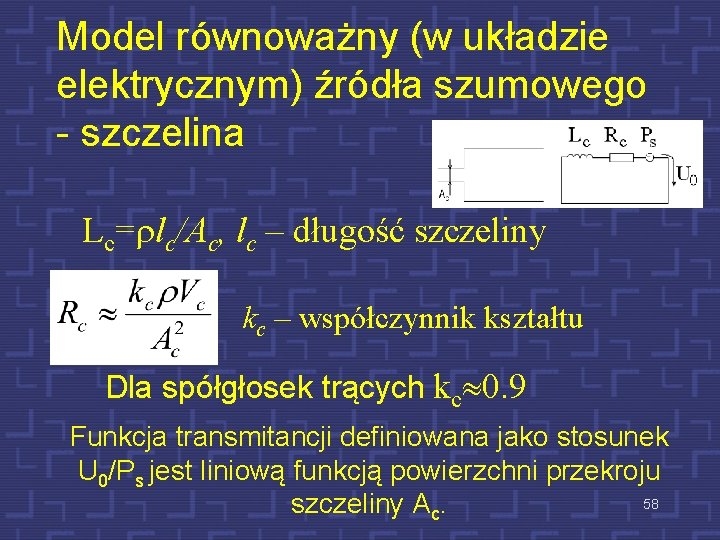 Model równoważny (w układzie elektrycznym) źródła szumowego - szczelina Lc=rlc/Ac, lc – długość szczeliny