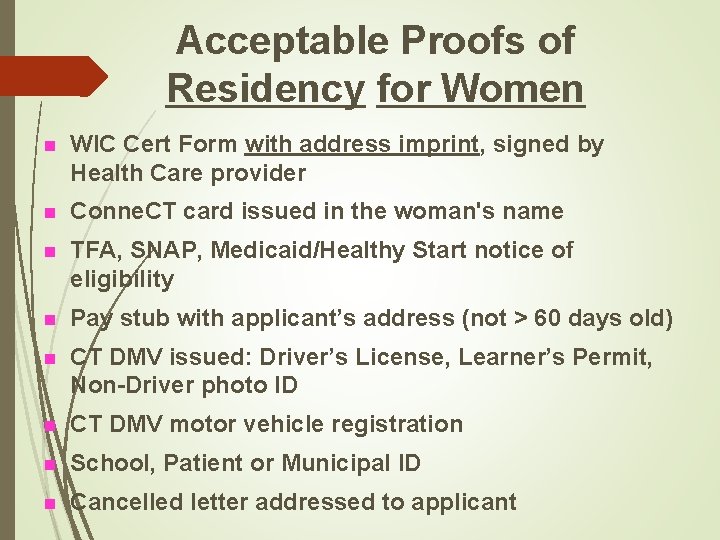 Acceptable Proofs of Residency for Women n WIC Cert Form with address imprint, signed