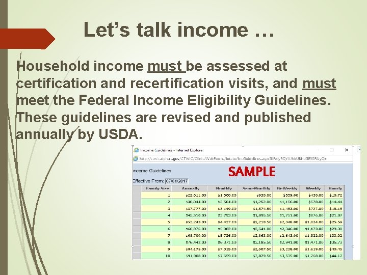 Let’s talk income … Household income must be assessed at certification and recertification visits,