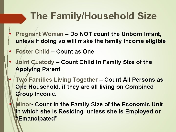 The Family/Household Size • Pregnant Woman – Do NOT count the Unborn Infant, unless