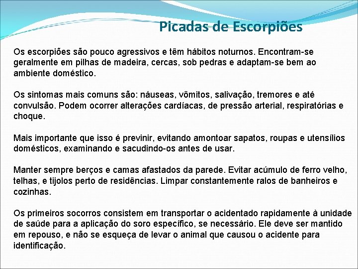 Picadas de Escorpiões Os escorpiões são pouco agressivos e têm hábitos noturnos. Encontram-se geralmente