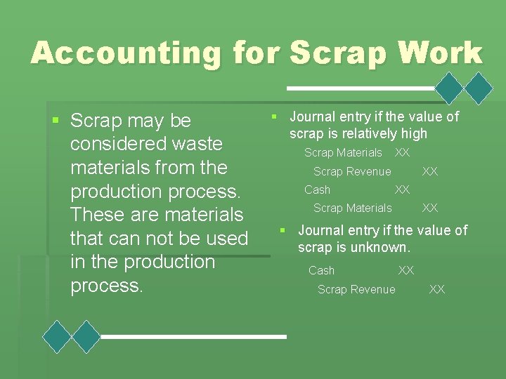 Accounting for Scrap Work § Scrap may be considered waste materials from the production