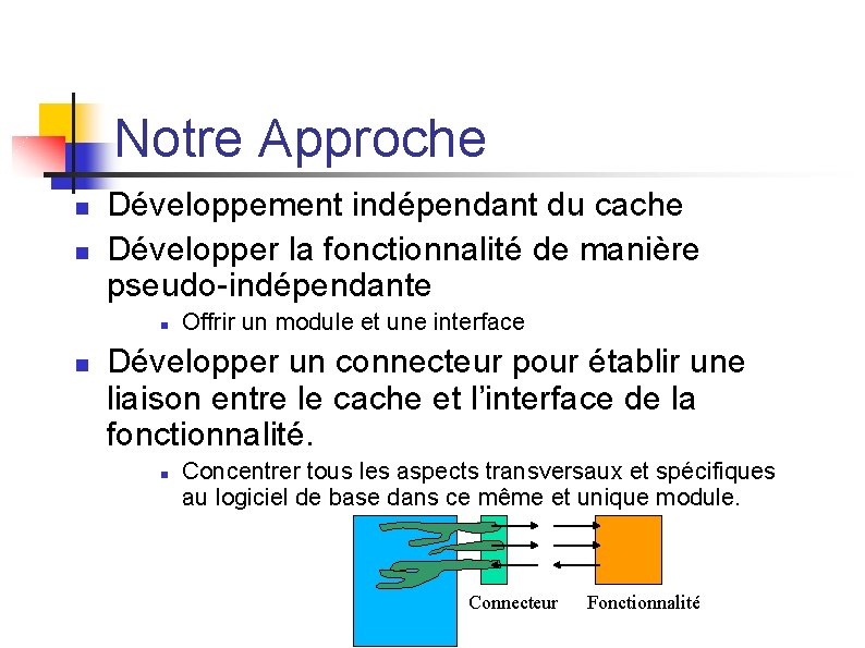 Notre Approche n n Développement indépendant du cache Développer la fonctionnalité de manière pseudo-indépendante