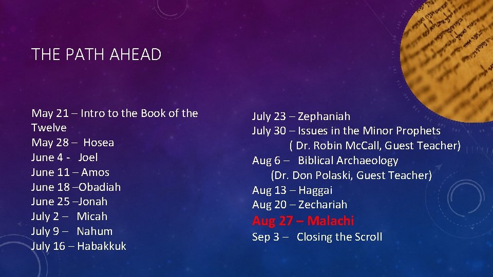 THE PATH AHEAD May 21 – Intro to the Book of the Twelve May