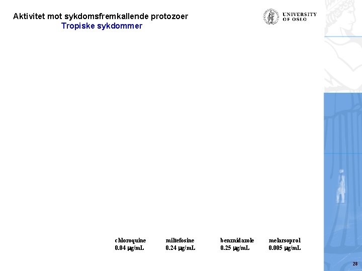 Aktivitet mot sykdomsfremkallende protozoer Tropiske sykdommer chloroquine 0. 04 g/m. L miltefosine 0. 24