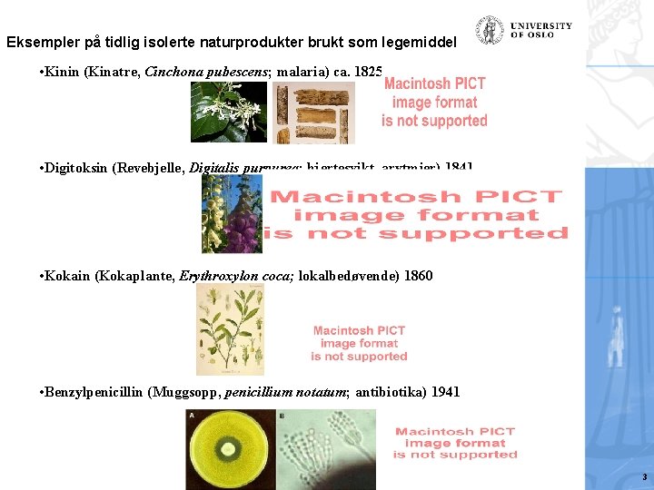 Eksempler på tidlig isolerte naturprodukter brukt som legemiddel • Kinin (Kinatre, Cinchona pubescens; malaria)