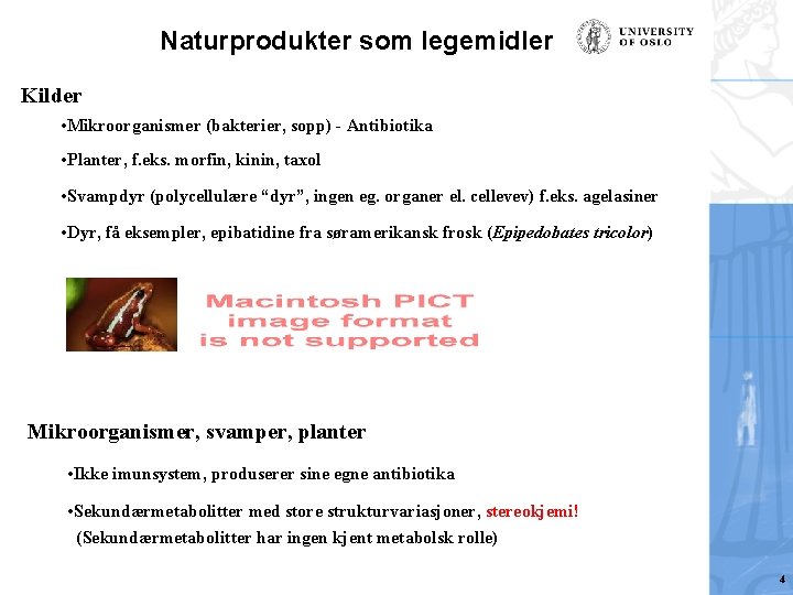 Naturprodukter som legemidler Kilder • Mikroorganismer (bakterier, sopp) - Antibiotika • Planter, f. eks.