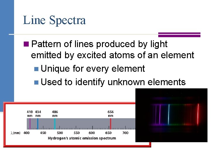 Line Spectra n Pattern of lines produced by light emitted by excited atoms of