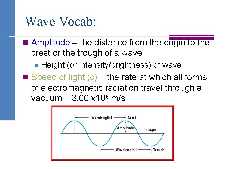 Wave Vocab: n Amplitude – the distance from the origin to the crest or