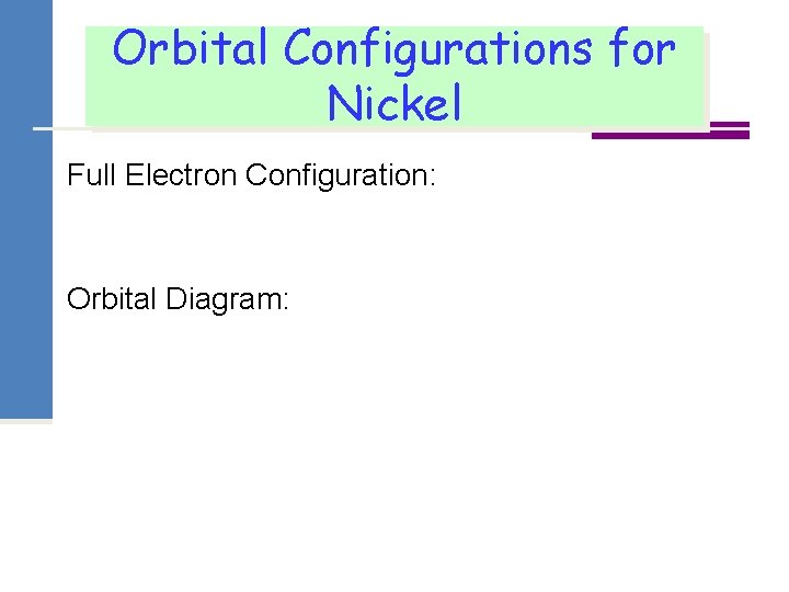 Orbital Configurations for Nickel Full Electron Configuration: Orbital Diagram: 