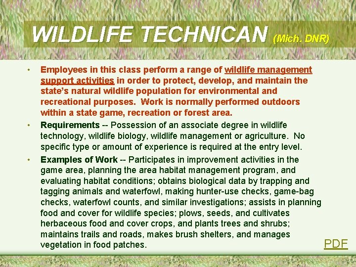 WILDLIFE TECHNICAN (Mich. DNR) • • • Employees in this class perform a range