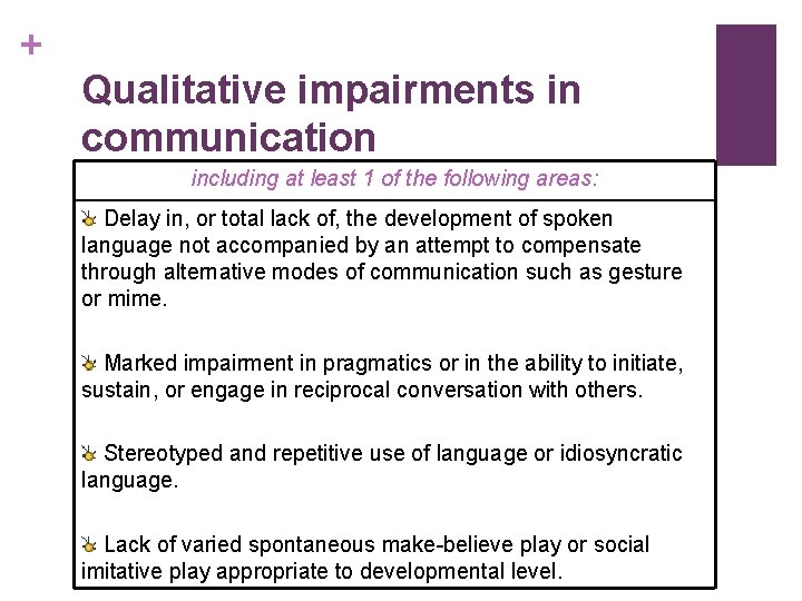 + Qualitative impairments in communication including at least 1 of the following areas: Delay