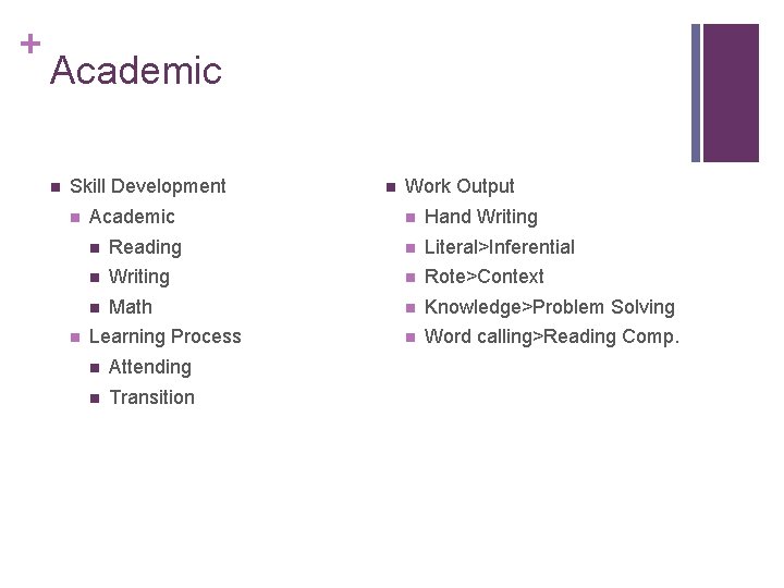 + Academic n Skill Development n n Academic n Work Output n Hand Writing