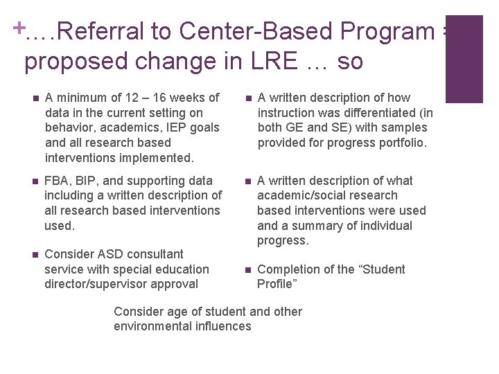 +…. Referral to Center-Based Program = proposed change in LRE … so n A