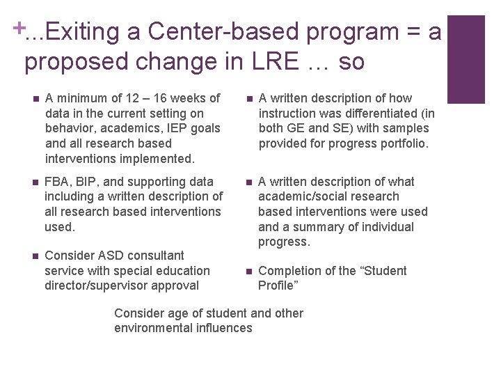 +. . . Exiting a Center-based program = a proposed change in LRE …