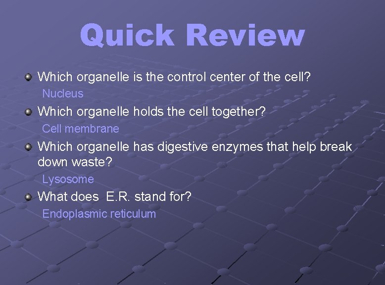 Quick Review Which organelle is the control center of the cell? Nucleus Which organelle