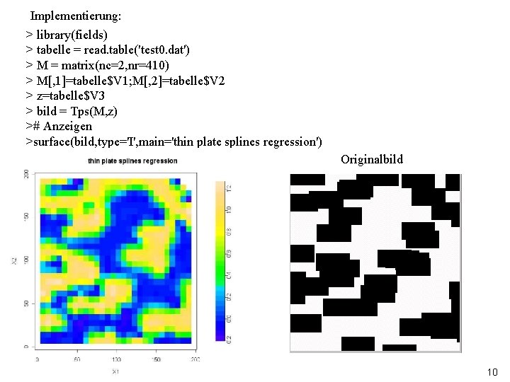 Implementierung: > library(fields) > tabelle = read. table('test 0. dat') > M = matrix(nc=2,