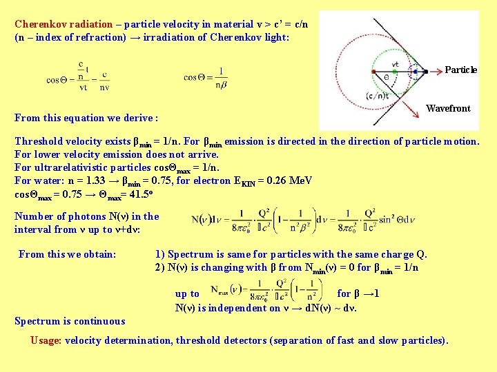 Cherenkov radiation – particle velocity in material v > c’ = c/n (n –