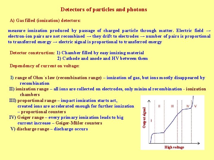 Detectors of particles and photons A) Gas filled (ionization) detectors: measure ionization produced by