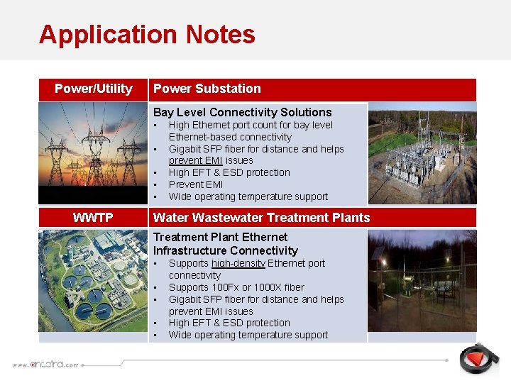 Application Notes Power/Utility Power Substation Bay Level Connectivity Solutions • • • WWTP High