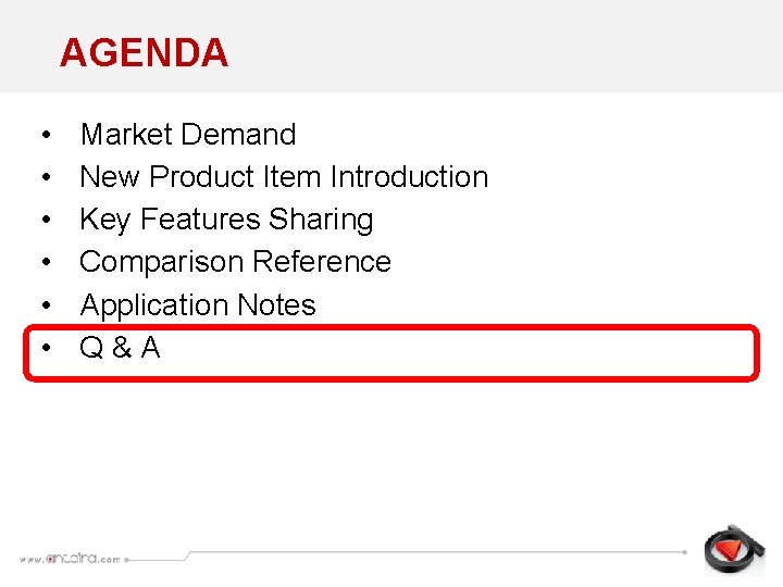AGENDA • • • Market Demand New Product Item Introduction Key Features Sharing Comparison