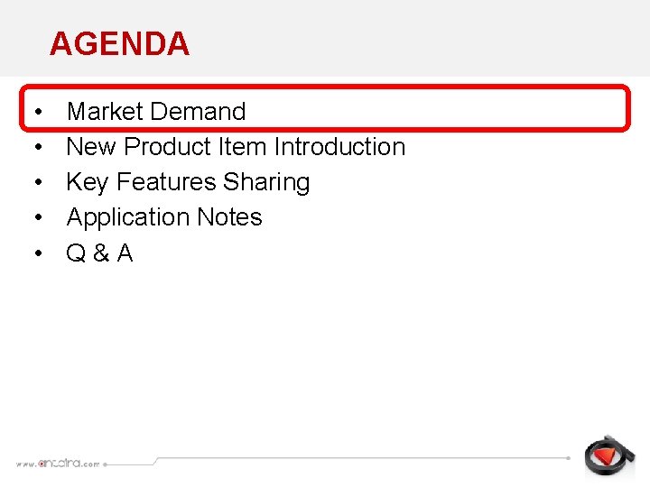 AGENDA • • • Market Demand New Product Item Introduction Key Features Sharing Application