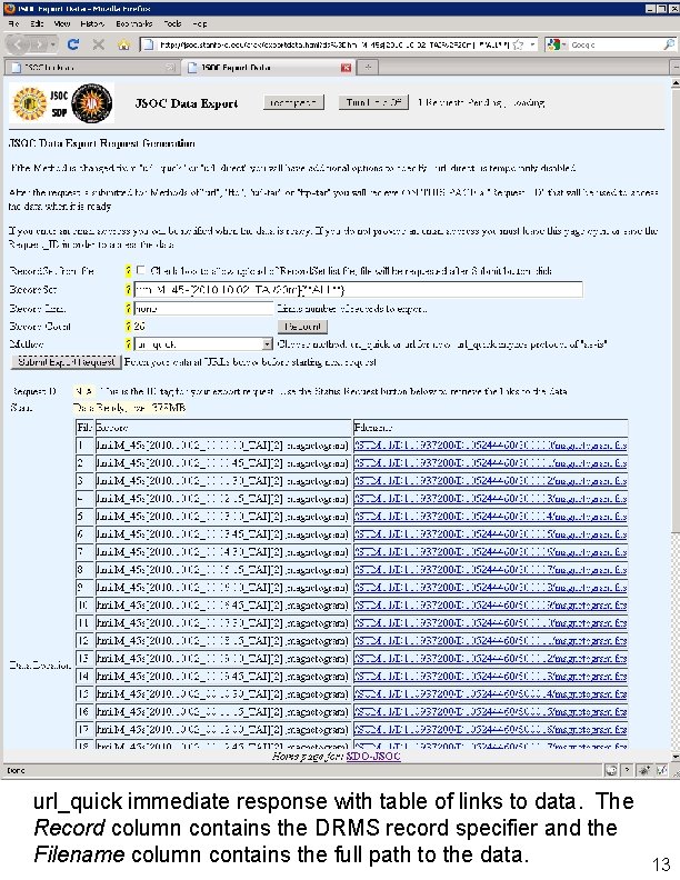 url_quick immediate response with table of links to data. The Record column contains the