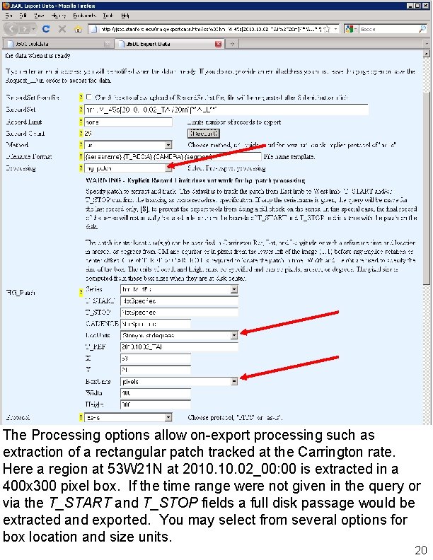 The Processing options allow on-export processing such as extraction of a rectangular patch tracked