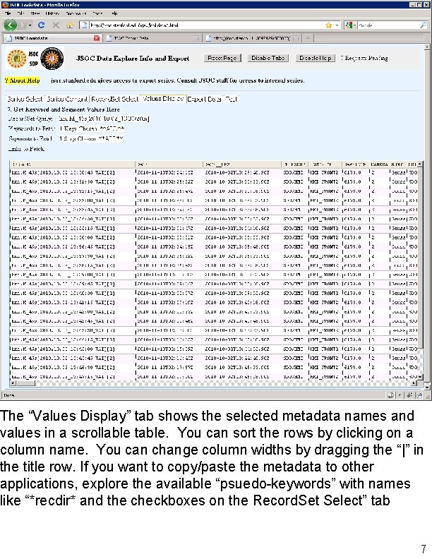 The “Values Display” tab shows the selected metadata names and values in a scrollable