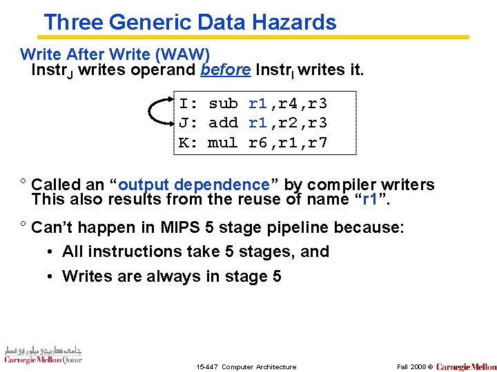 Three Generic Data Hazards Write After Write (WAW) Instr. J writes operand before Instr.
