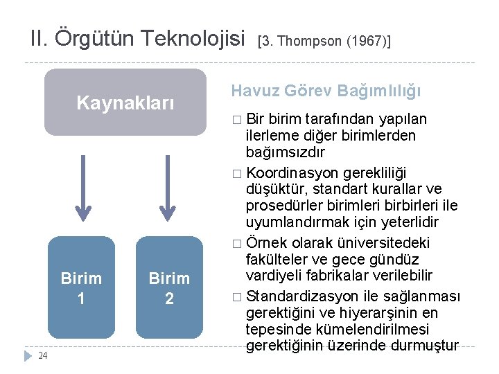 II. Örgütün Teknolojisi Kaynakları Birim 1 24 Birim 2 [3. Thompson (1967)] Havuz Görev