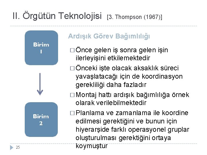 II. Örgütün Teknolojisi [3. Thompson (1967)] Ardışık Görev Bağımlılığı � Önce 25 gelen iş