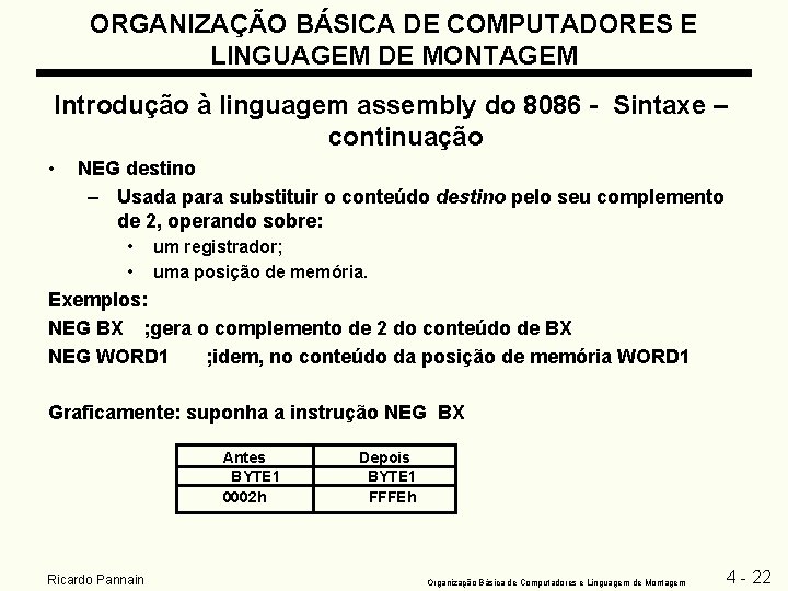 ORGANIZAÇÃO BÁSICA DE COMPUTADORES E LINGUAGEM DE MONTAGEM Introdução à linguagem assembly do 8086