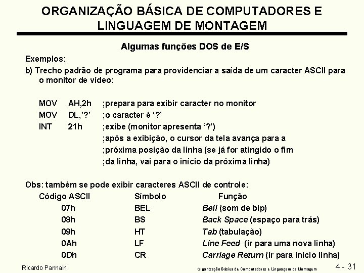 ORGANIZAÇÃO BÁSICA DE COMPUTADORES E LINGUAGEM DE MONTAGEM Algumas funções DOS de E/S Exemplos: