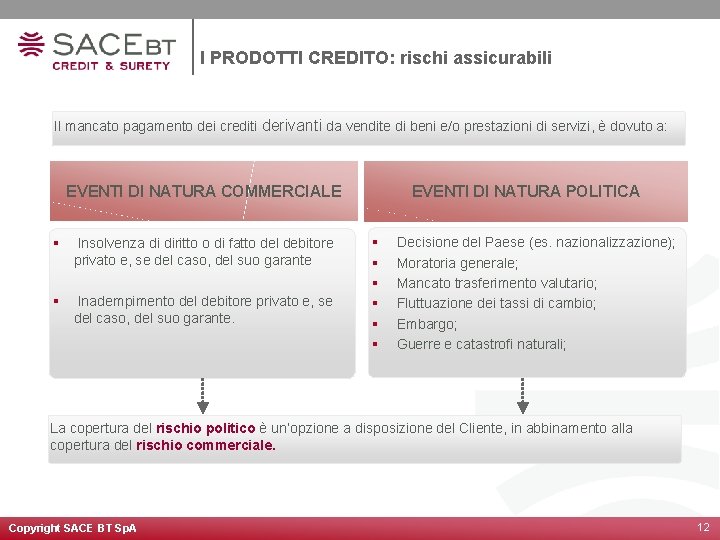 I PRODOTTI CREDITO: rischi assicurabili Il mancato pagamento dei crediti derivanti da vendite di