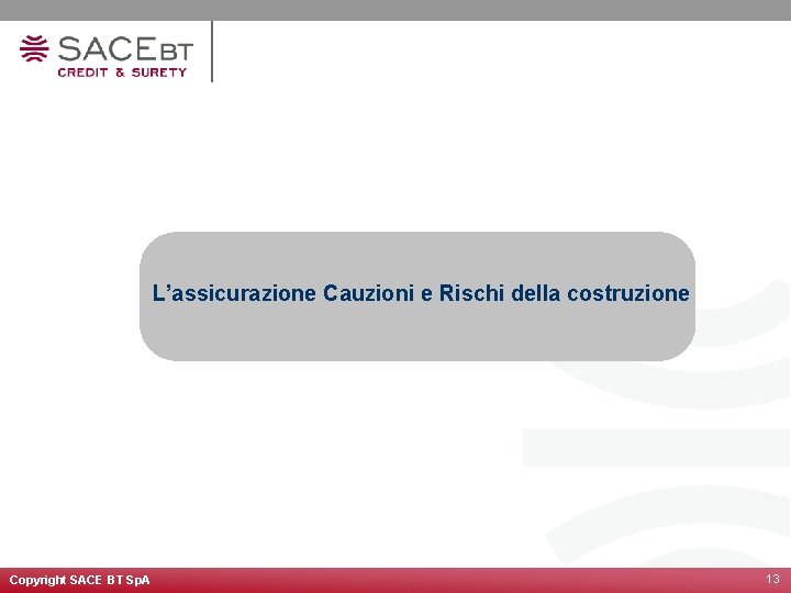 L’assicurazione Cauzioni e Rischi della costruzione Copyright SACE BT Sp. A 13 