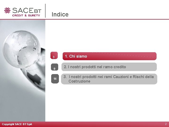 Indice 3 9 14 Copyright SACE BT Sp. A 1. Chi siamo 2. I